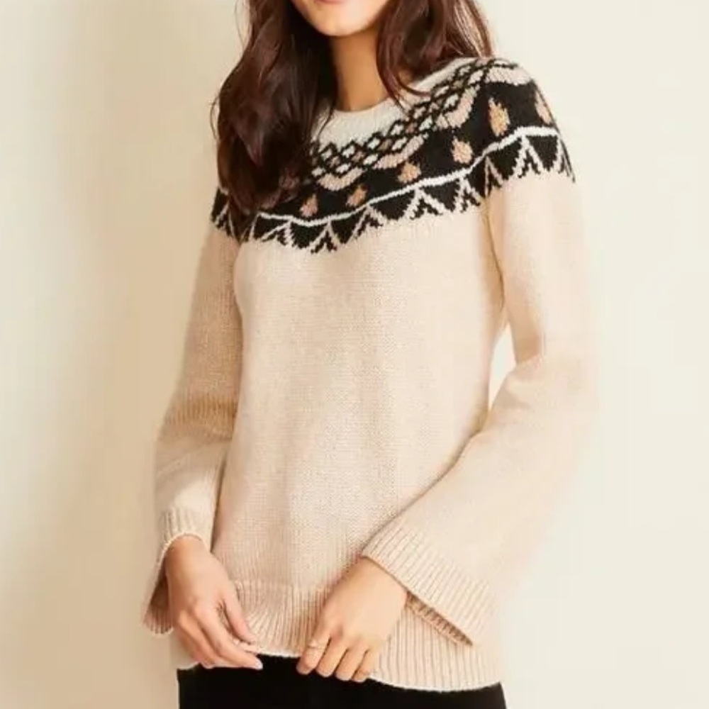 Ann Taylor Fair Isle Patterned Black & Cream Wool Blend Sweater. Size‎ Medium.